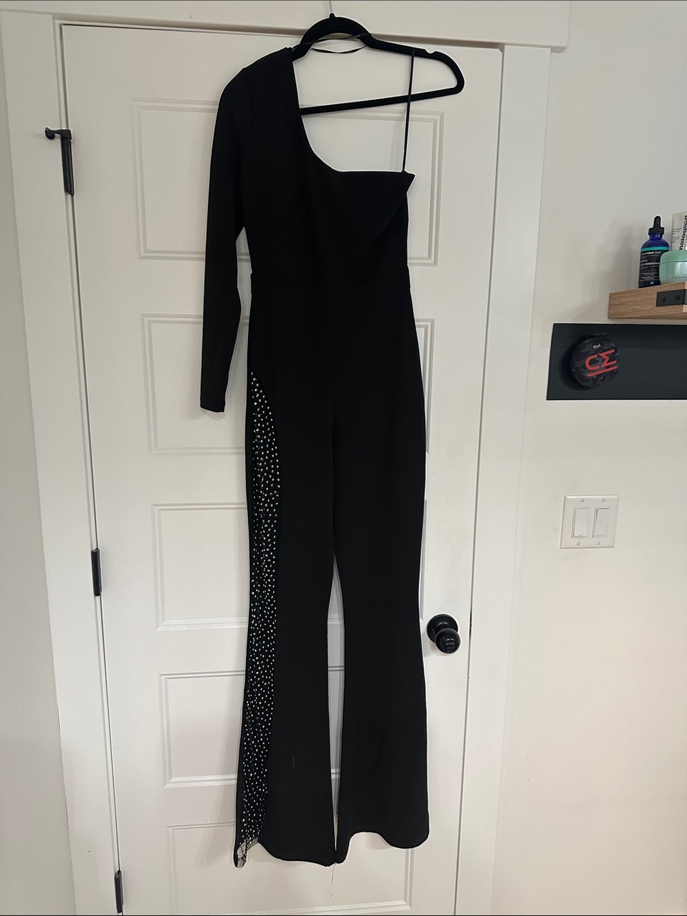 Black One-Shoulder Jumpsuit with Embellished Side Panel